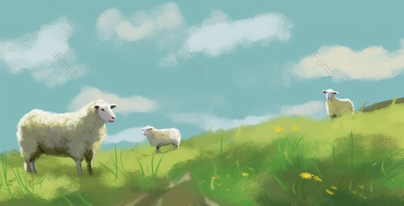 春日夏日季节在一望无际的绿色大草原上的三只牧羊绵羊羔羊风景插画,插画/手绘图,插画/手绘图库,插画/手绘图下载,插画/手绘